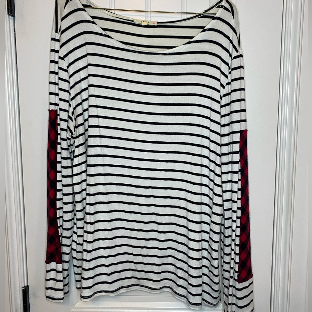 Striped shirt with plaid elbow pads